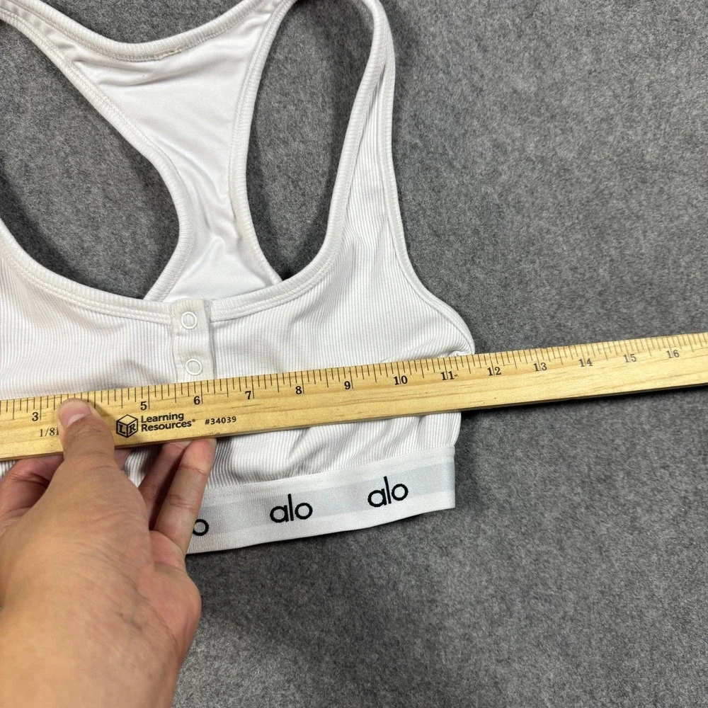 Alo Yoga Sports Bra Womens S White Wellness Henley Ribbed Racerback Logo Band